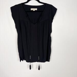 LOFT Small S Black Split V Neck Tassel Tie Short Sleeve Blouse Top Pleated Yoke